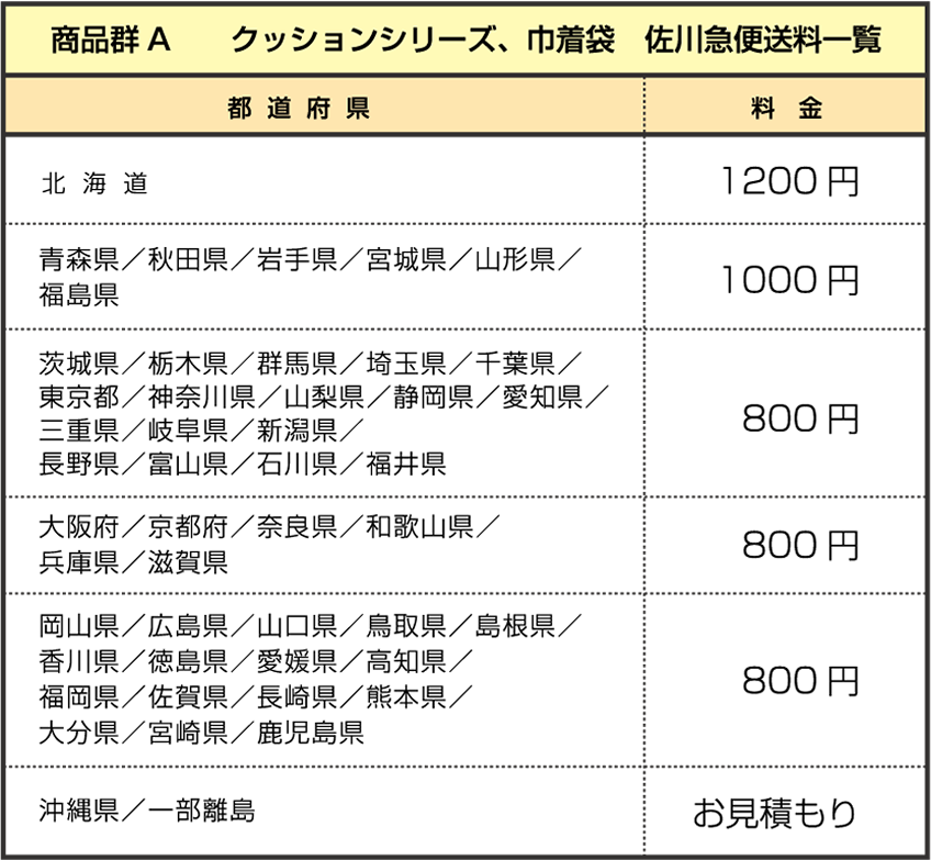 クッション・巾着袋送料